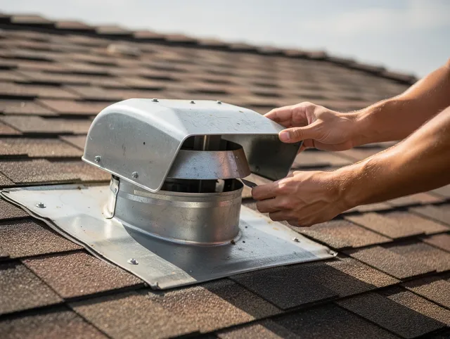 Artesia Dryer Vent Cleaning certified technician safely cleaning a roof-mounted dryer vent in Artesia