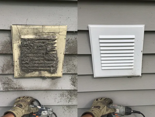Artesia Dryer Vent Cleaning technician installing high-quality dryer vent cover at a residential property in Artesia
