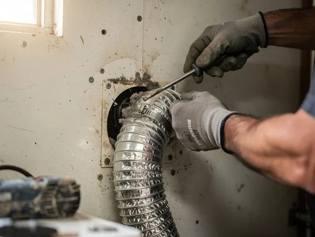 Artesia Dryer Vent Cleaning technician performing precise dryer vent hose installation in Artesia